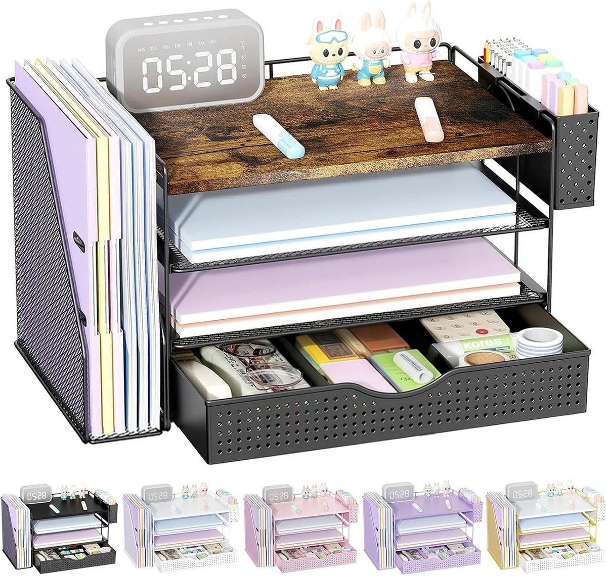 gianotter Organizadores de escritorio de madera y accesorios con soporte para archivos, accesorios de escritorio de 4 niveles y organizadores de espacio de trabajo con cajón y soporte para bolígrafos