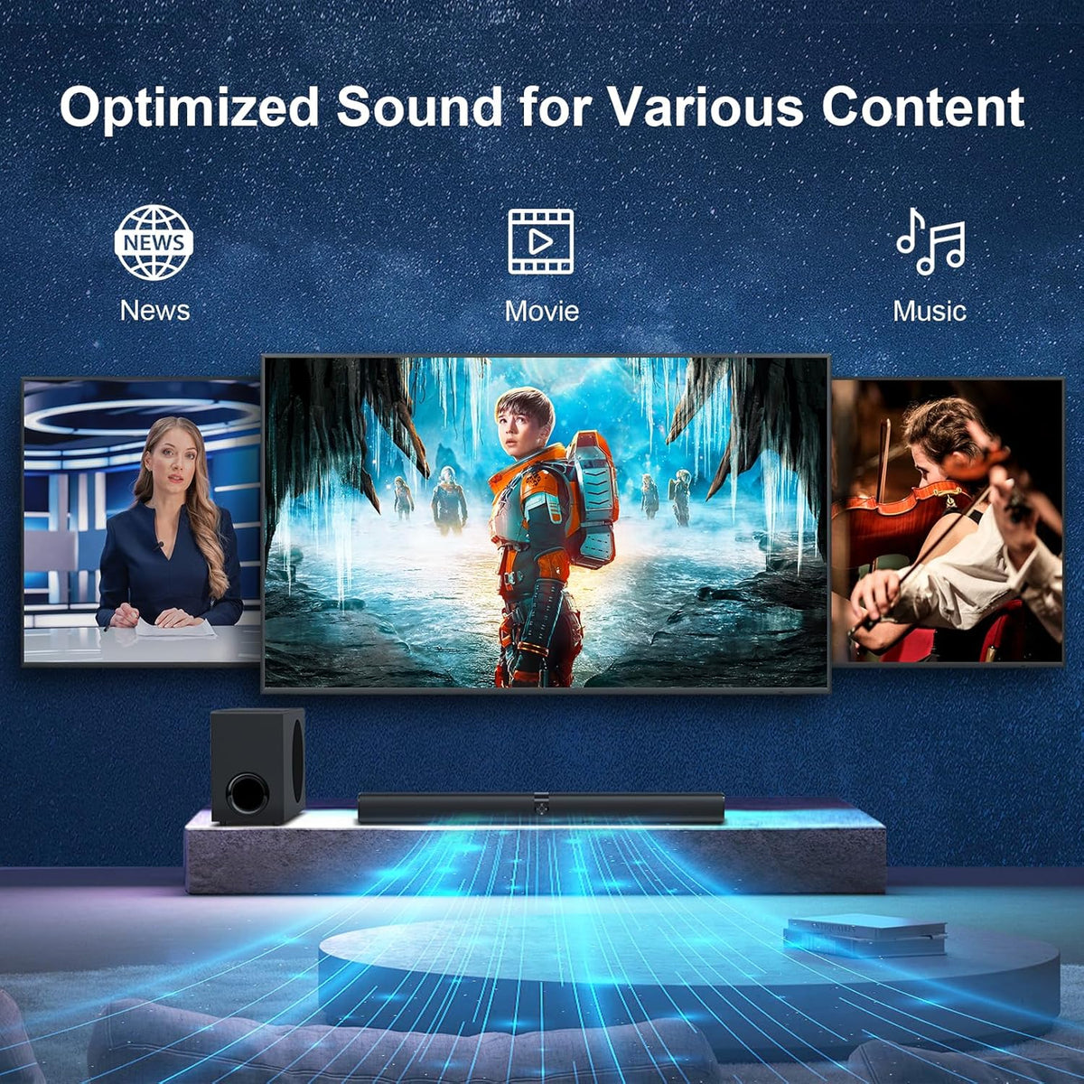 Barra de sonido con subwoofer, barra de sonido de 110 W con graves profundos ajustables y 3 modos de ecualización, conexión Bluetooth/ARC/Opt/AUX, barra de sonido para Smart TV