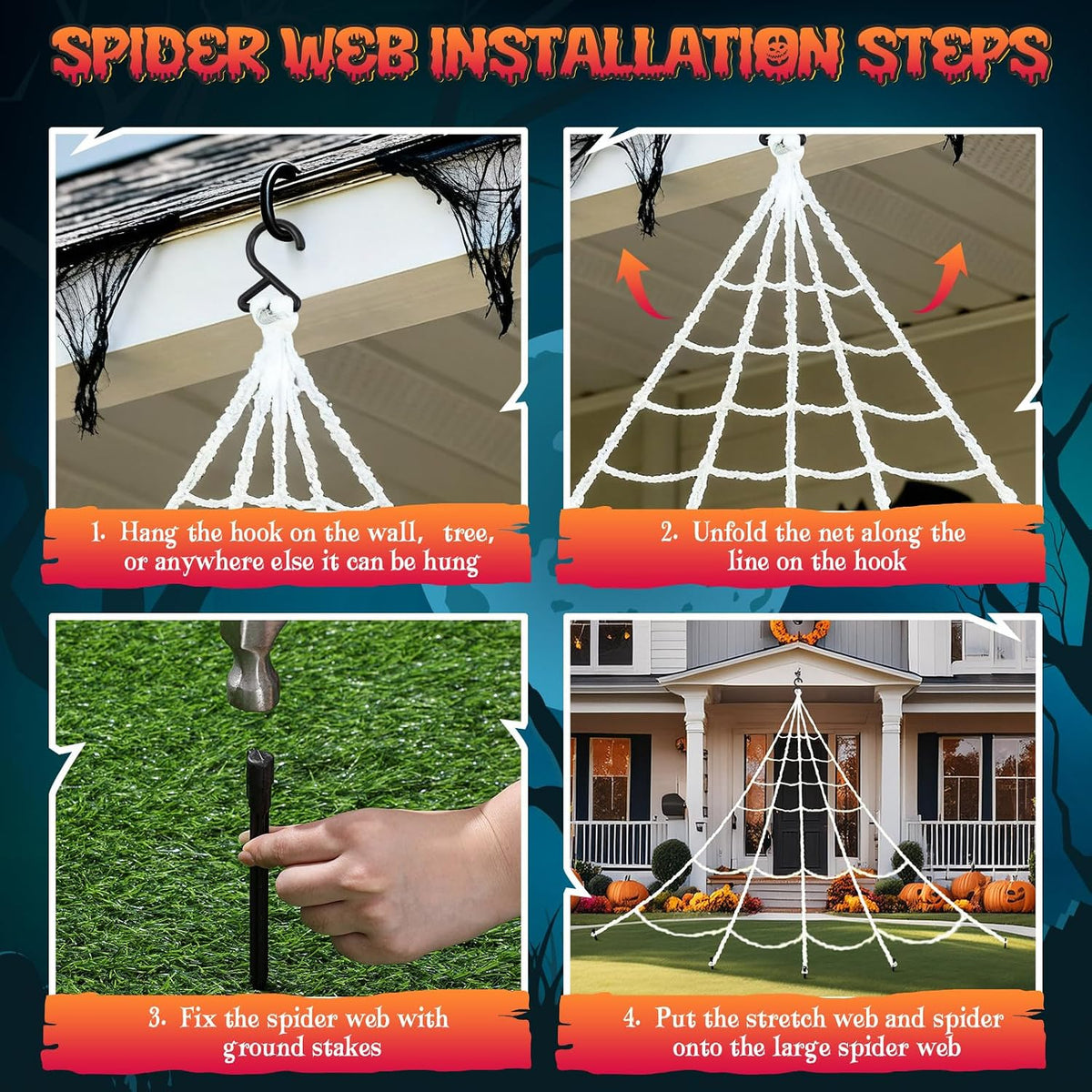 Decoración de luces de telaraña de Halloween + 2 arañas saltadoras