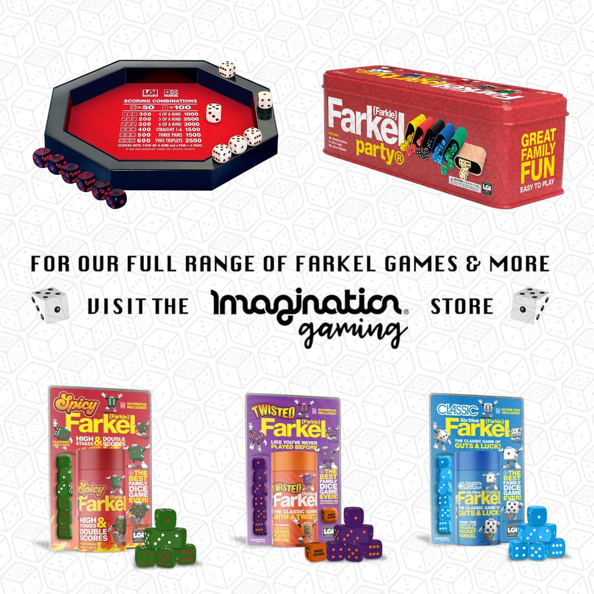 Farkel Juego de dados clásicos para fiestas, juego de dados con licencia oficial de Farkle, 36 dados, 6 tazas, hojas de puntuación y lata de almacenamiento, juego de dados de viaje para noche de juego familiar | 2+ jugadores, a partir de 8 años