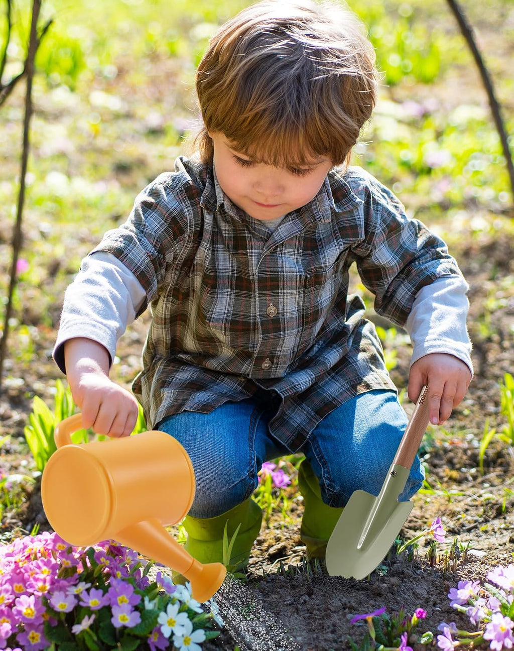 ROBUD Juego de Jardinería para Niños, Herramienta de Jardín de Madera para Niños, Kit de Herramientas de Jardín con Bolsa de Almacenamiento, Delantal, Guantes, Juguetes Montessori para Niños para