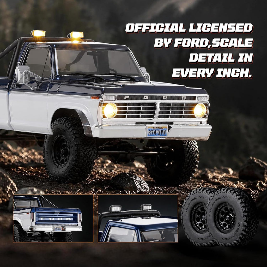 FMS FCX18 II Ford F-100 1/18 RC Crawler, RTR Camión RC Hobbygrade 4x4 Offroad Mini Rock Crawler con transmisión de 2 velocidades, engranajes de metal, luces LED para adultos y