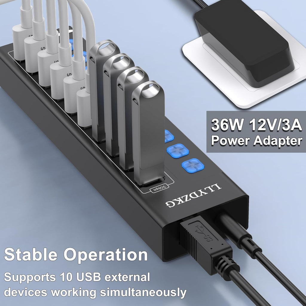 LLYDZKG, LLY-U801, hub USB 3.0 de 10 puertos, alimentado, adaptador 12V/3A