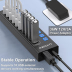 LLYDZKG, LLY-U801, hub USB 3.0 de 10 puertos, alimentado, adaptador 12V/3A