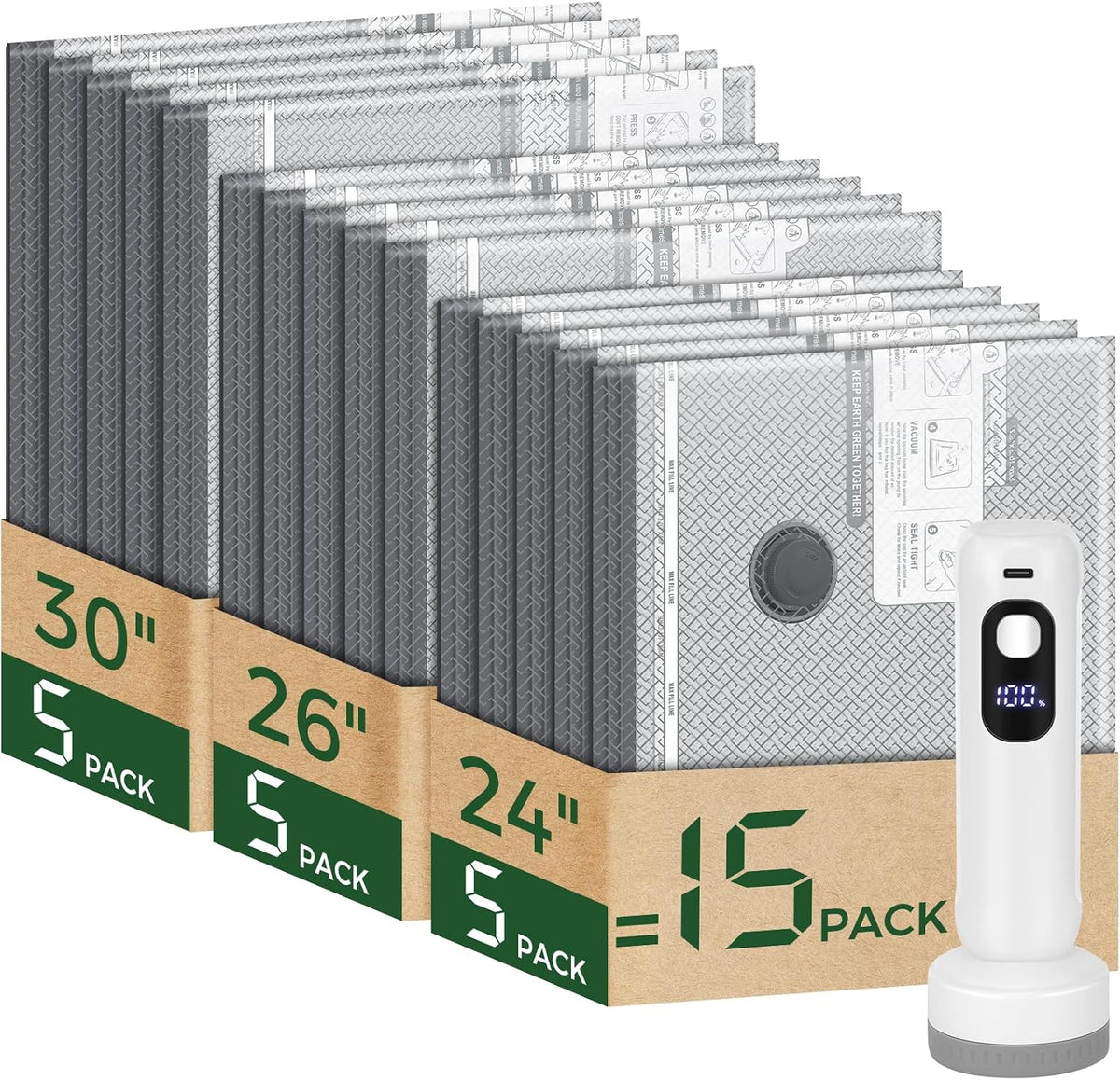 Bolsas de Almacenamiento al Vacío con Bomba digital inalámbrica - 15 Pack
