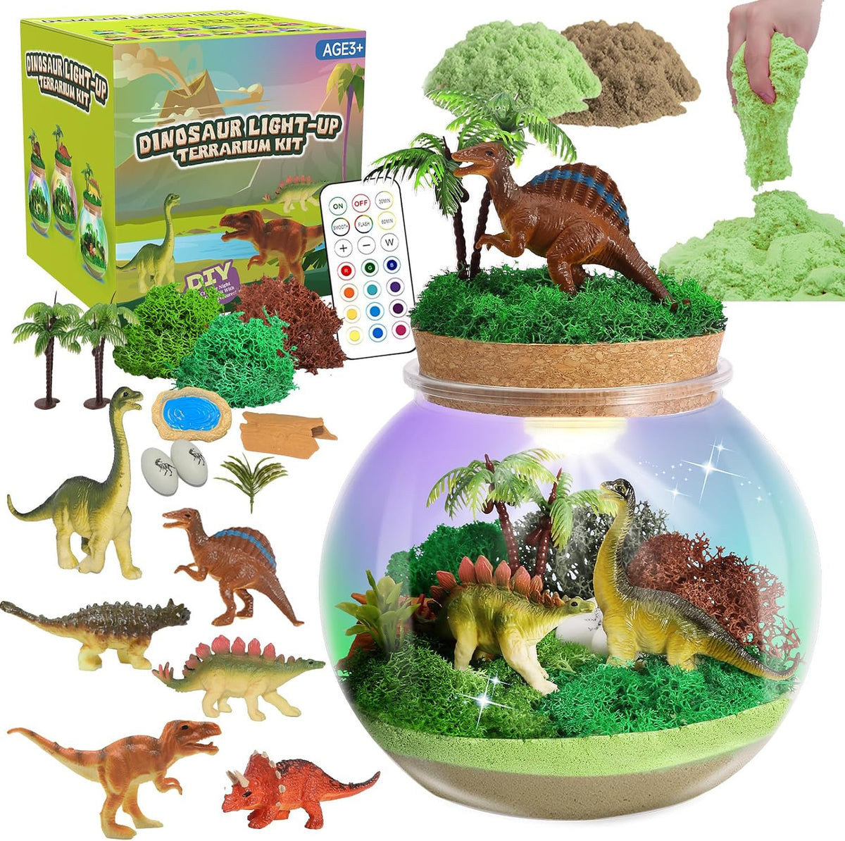Kit de terrario iluminado de dinosaurio para niños, regalos de cumpleaños para niños de 4, 5, 6, 7, 8 a 12 años, juguetes de dinosaurio para niños con luz LED multicolor y control remoto