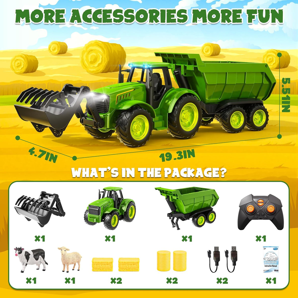Juego de juguete de tractor de granja RC con cargador, remolque y