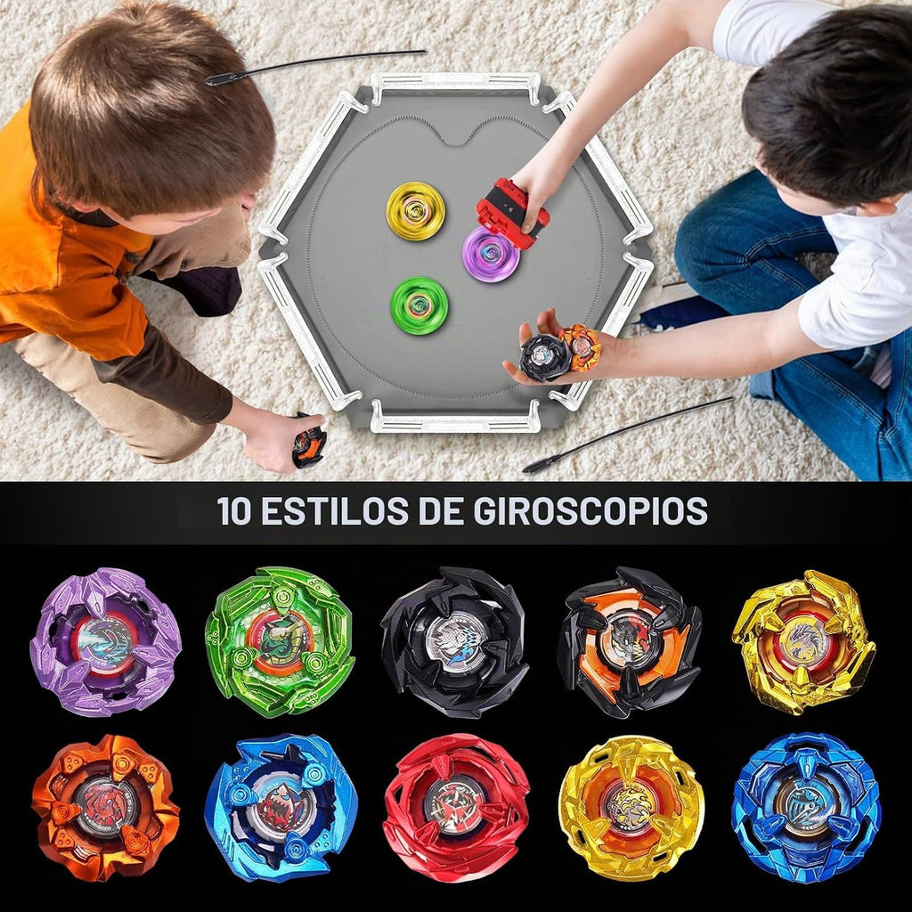 X Stadium Arena Battle Set, 10 Spinning Tops 3 Launchers y 1 Grip Ages 6+