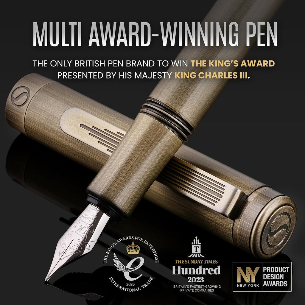 Scriveiner Pluma Estilográfica EDC de Lujo (Mediana), Impresionante Pluma de Bolsillo de Latón Pesado, Acabado de Bronce Cepillado a Mano, Convertidor de Plumilla Alemana Schmidt, Mejor Set de Regalo