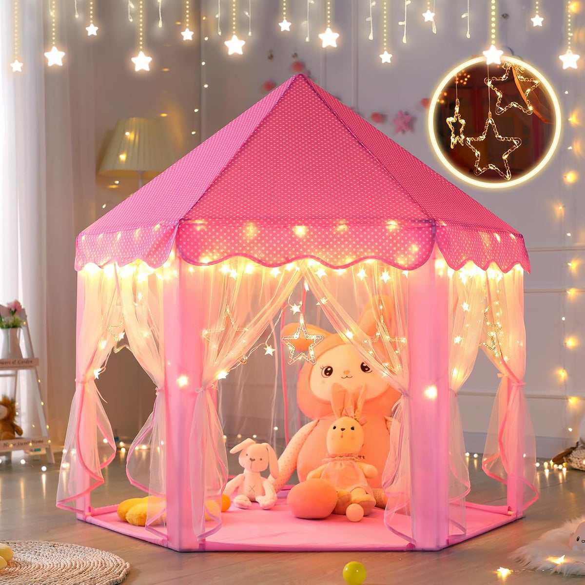 Tienda de campaña estilo castillo de princesa para niñas - Casa de juegos grande de 55 x 53 pulgadas con luces de estrella para juegos en interiores y exteriores