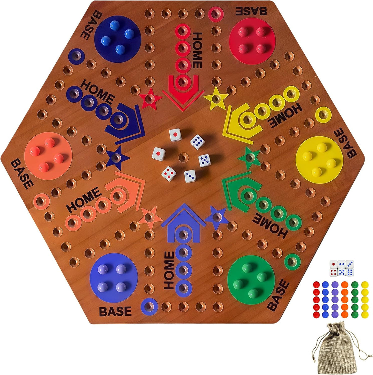 Juego de mesa de madera, juego de mesa original de mármol de doble cara, pintado de 2 a 6 jugadores, pista rápida de madera con 6 colores, 30 canicas, 6 dados para adultos y niños, llama de 15 pulgadas