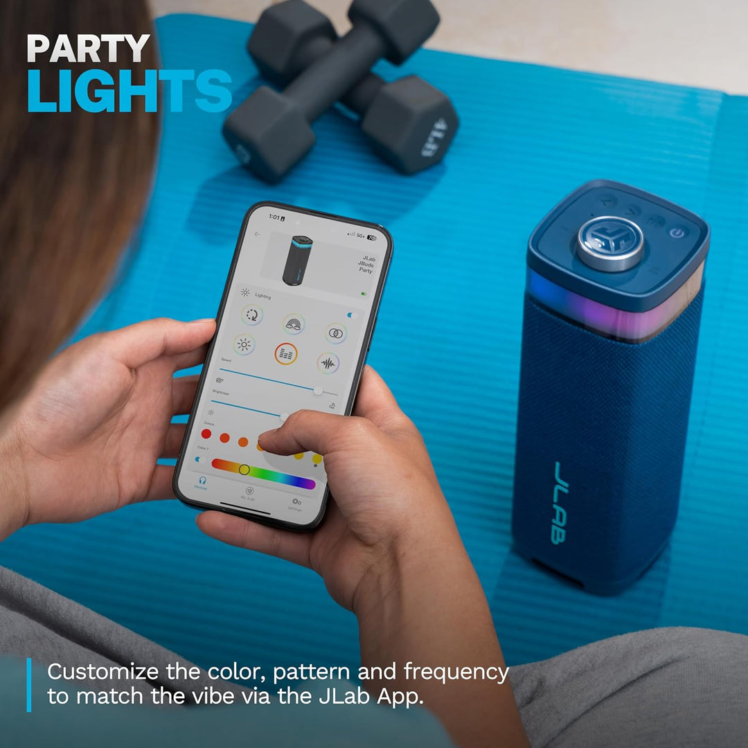JLab, JBuds Party Altavoz Bluetooth portátil, impermeable, iluminac...