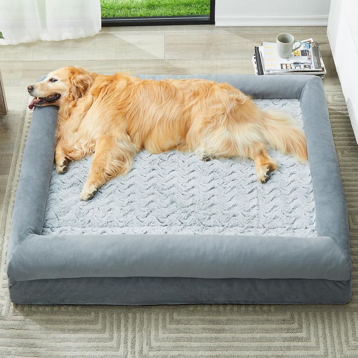 WNPETHOME XXL Cama extragrande para perros, sofá lavable para perros con funda impermeable extraíble, sofá cama ortopédico grande para mascotas con lados de almohada para dormir