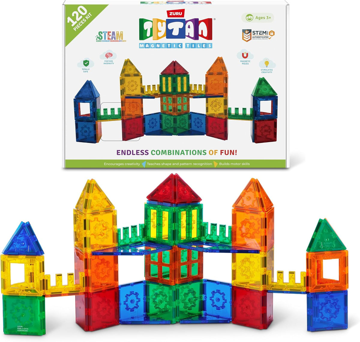 Tytan ZURU - Juego de construcción de azulejos magnéticos de 120 piezas, colorido juguete de construcción STEM con formas variadas, base con ruedas para construcciones móviles y bolsa de transporte