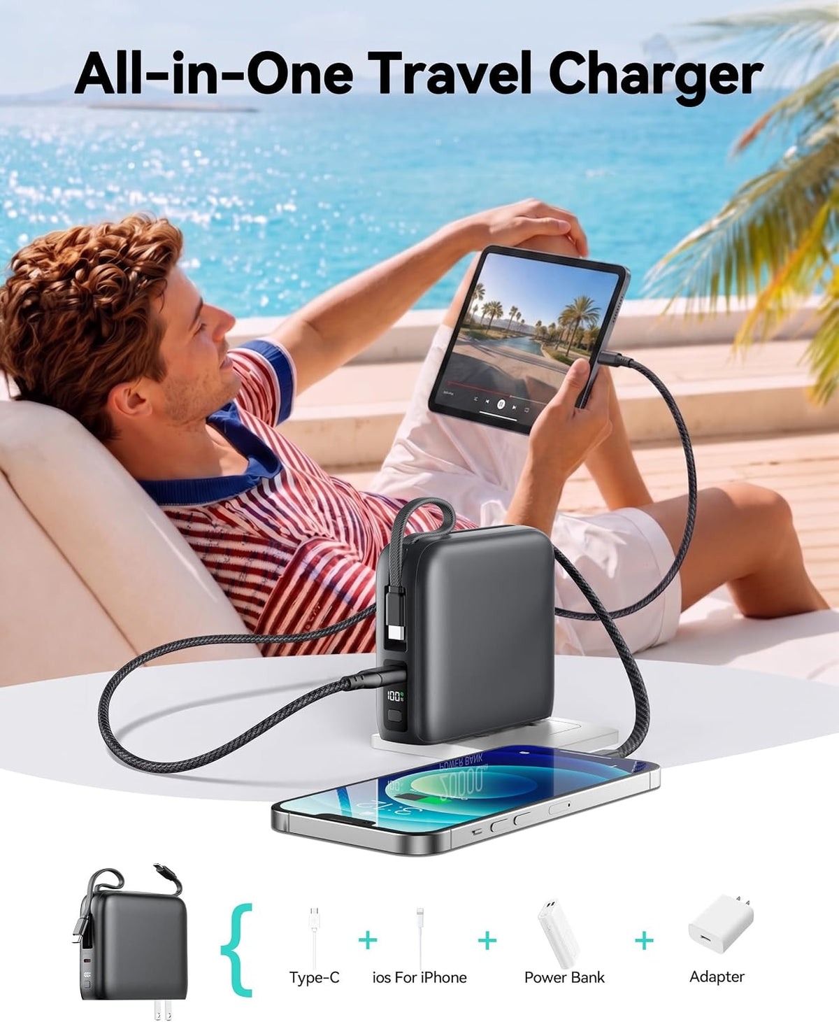 Cargador portátil 20000mAh, 22.5W Power Bank Cables integrados, Dark Gray, 20000 milliamp_hours