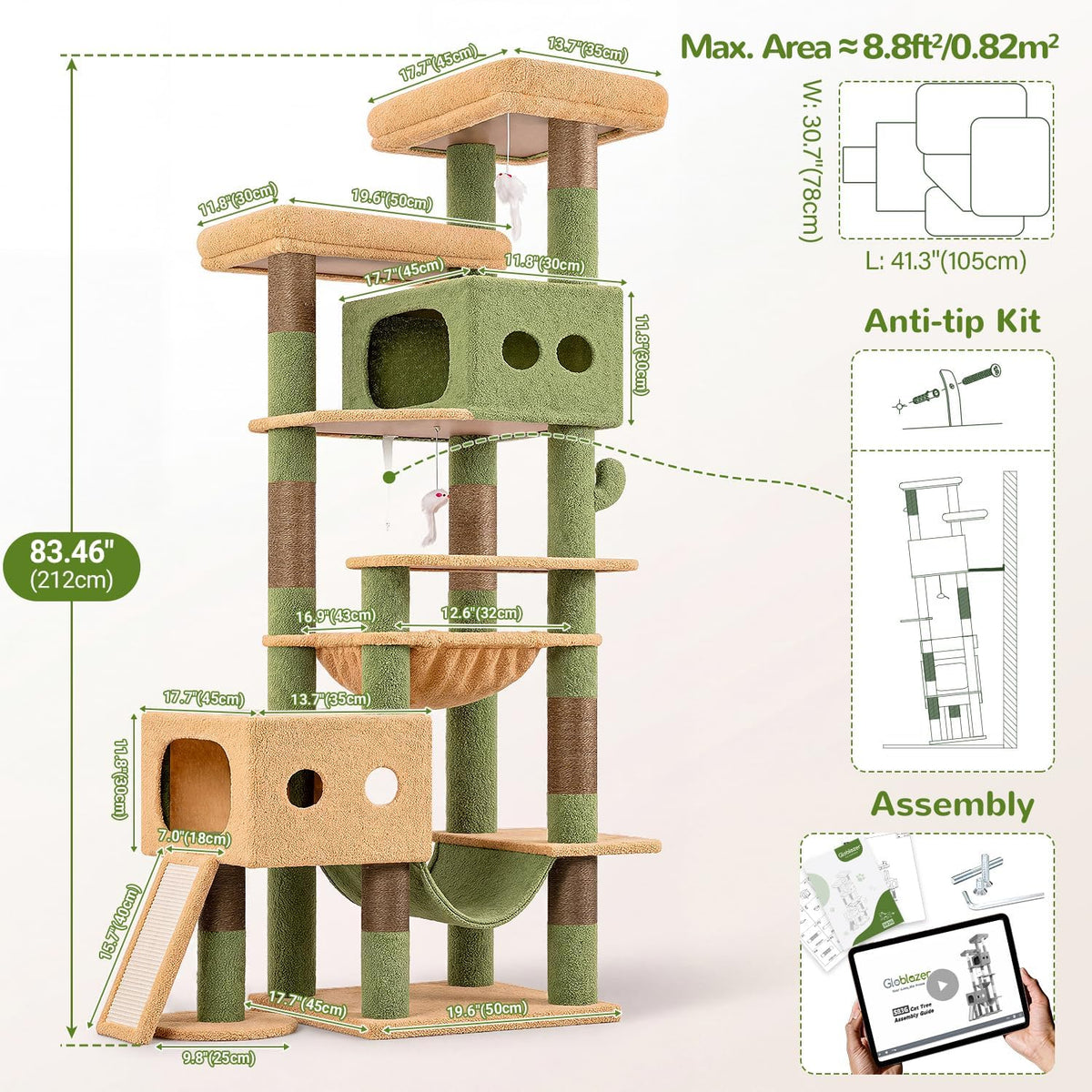 Globlazer Torre alta para gatos de varios niveles de cactus resistente de