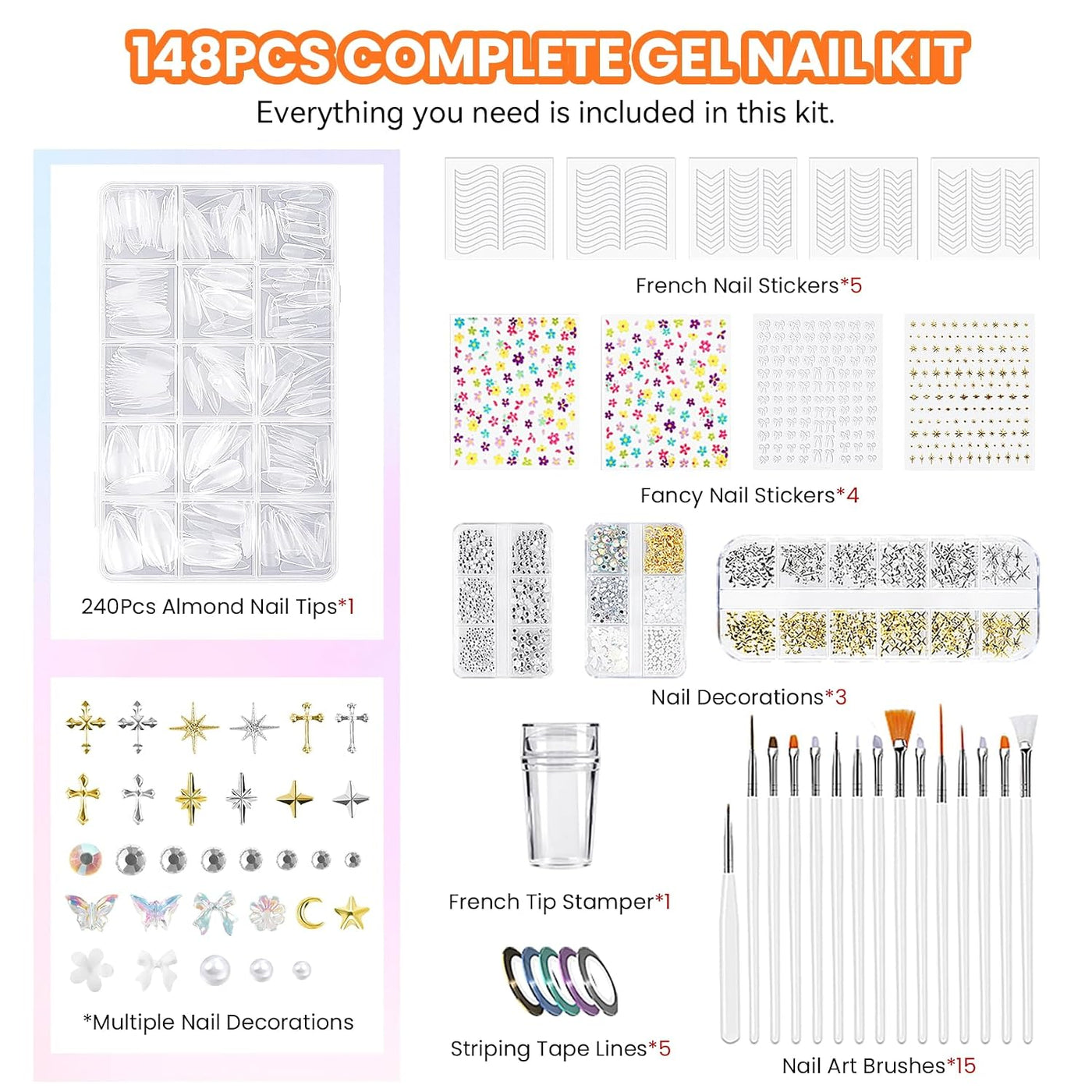 VANREESA Kit de 148 esmaltes de uñas de gel con puntas de uñas de a...