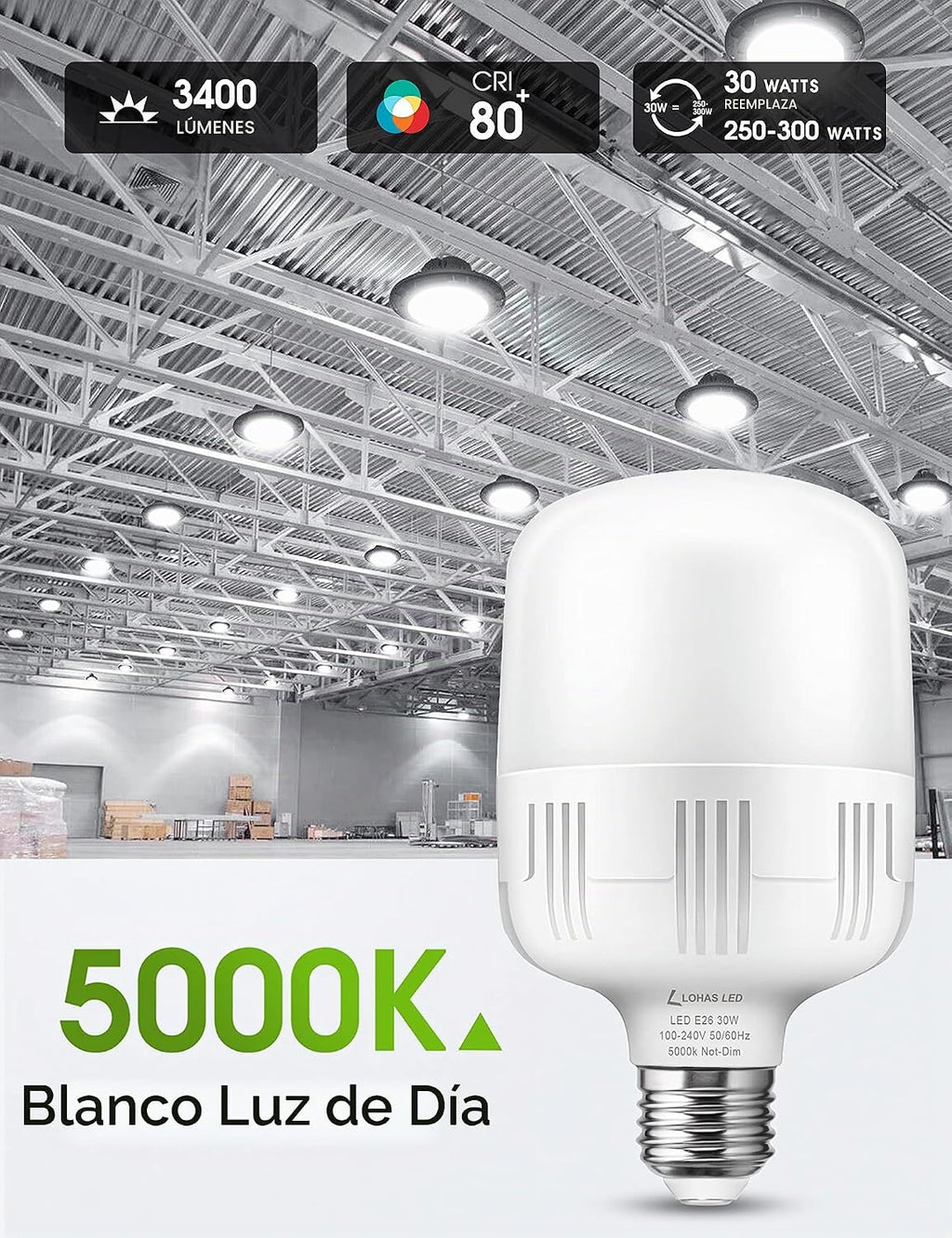 Lámpara L LOHAS LED Bombillas superbrillantes, bombilla LED de garaje E26 de alto