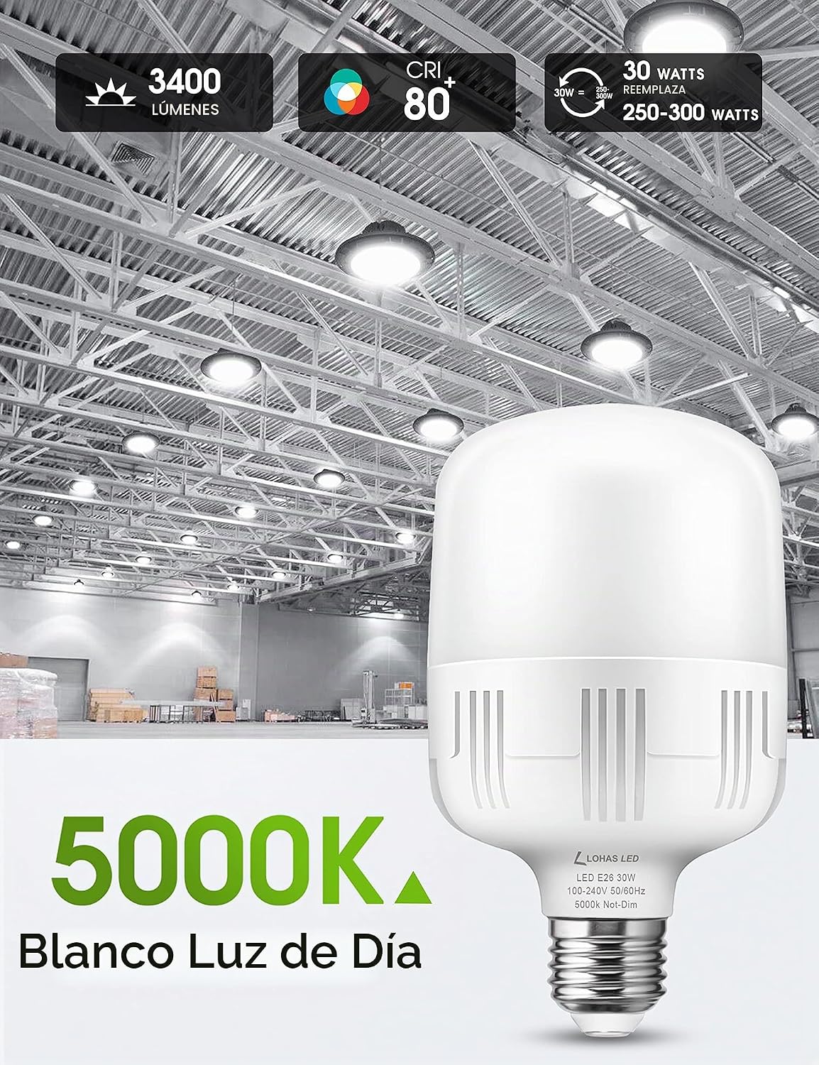 Lámpara L LOHAS LED Bombillas superbrillantes, bombilla LED de garaje E26 de alto