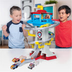 Paw Patrol Adventure Bay Lookout Tower Playset con 2 vehículos de metal fundido a escala 1:55 (Chase y Marshall): Twin Track Rescue Way, set de 25 piezas con periscopio de lanzamiento - Acomoda hasta