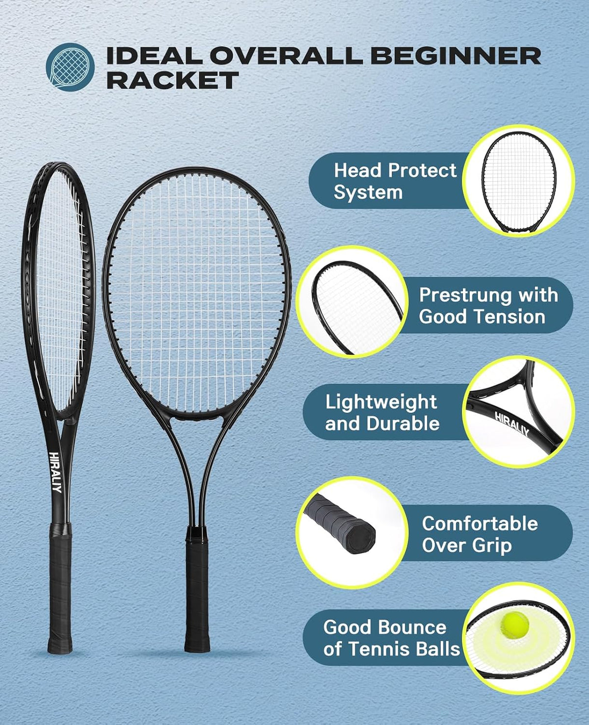 HIRALIY Juego de raquetas de tenis de 27 pulgadas para adultos, raquetas de tenis preencordadas para 2 jugadores, 2 cintas de sobreagarre, 3 pelotas y 1 bolsa de transporte, deporte recreativo al aire