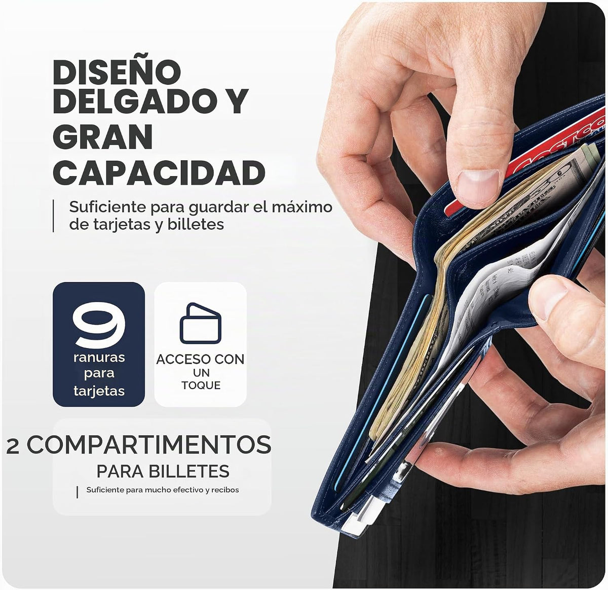 Cartera plegable de cuero para hombre con bloqueo RFID y ventana