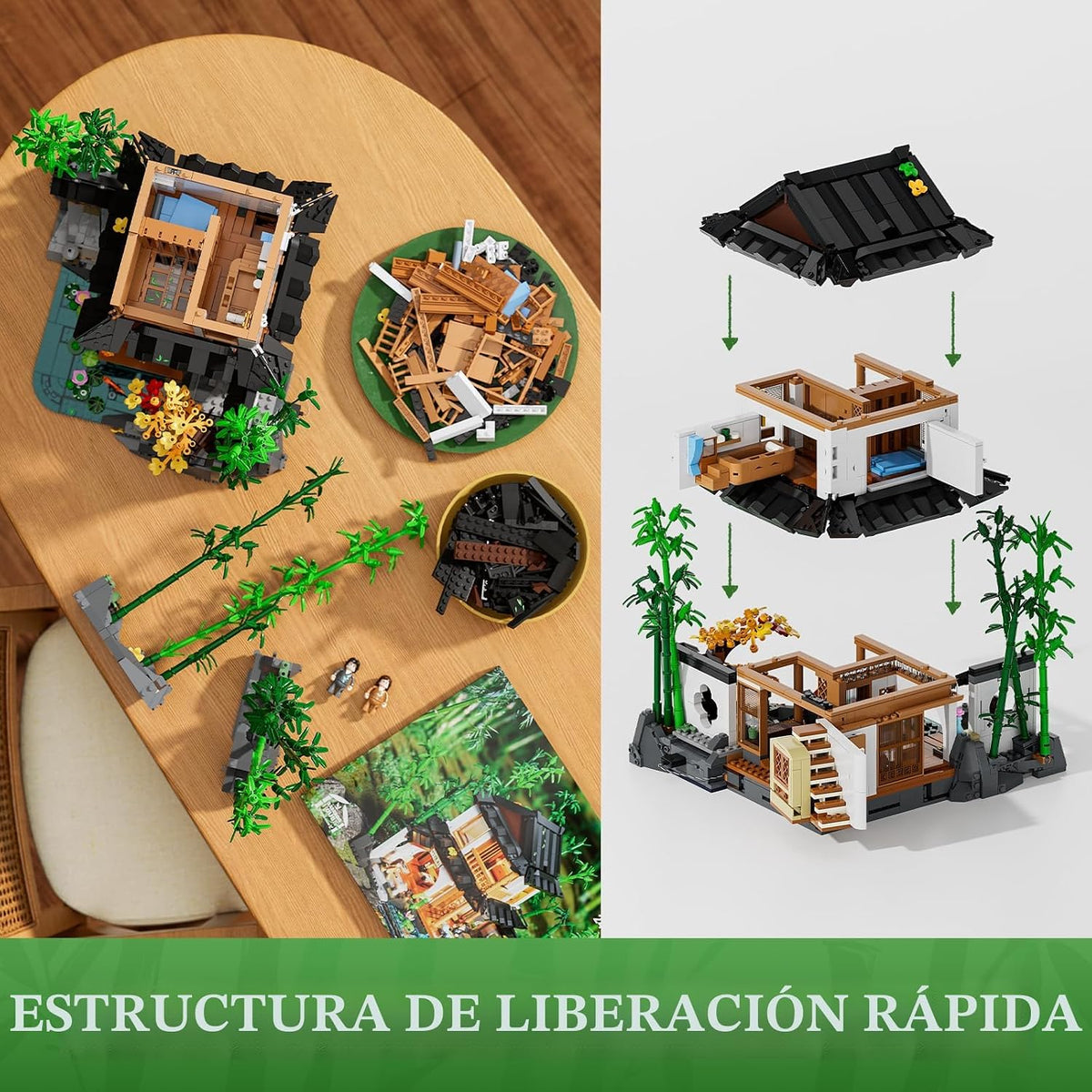 Lumibricks Set de construcción de casa de bambú con iluminación - Colección de cabaña china retro y casa en el árbol con luz LED, 2432 piezas para adultos y coleccionistas de casas retro