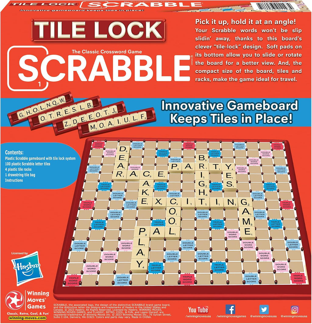 Juego de mesa de Scrabble Tile Lock, tablero mantiene los azulejos en su lugar, juego para 2-4 jugadores, edad mínima de 8 años en adelante, número de jugadores: 2-4, por Winning Moves Games USA