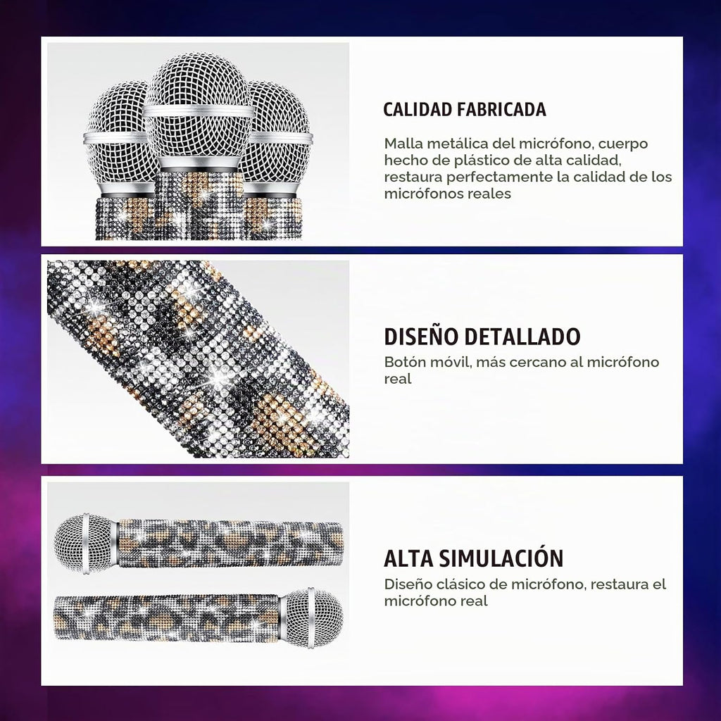Micrófono falso con diamantes de imitación brillantes, micrófono de juego de plástico con purpurina para disfraz de fiesta de cosplay (leopardo)