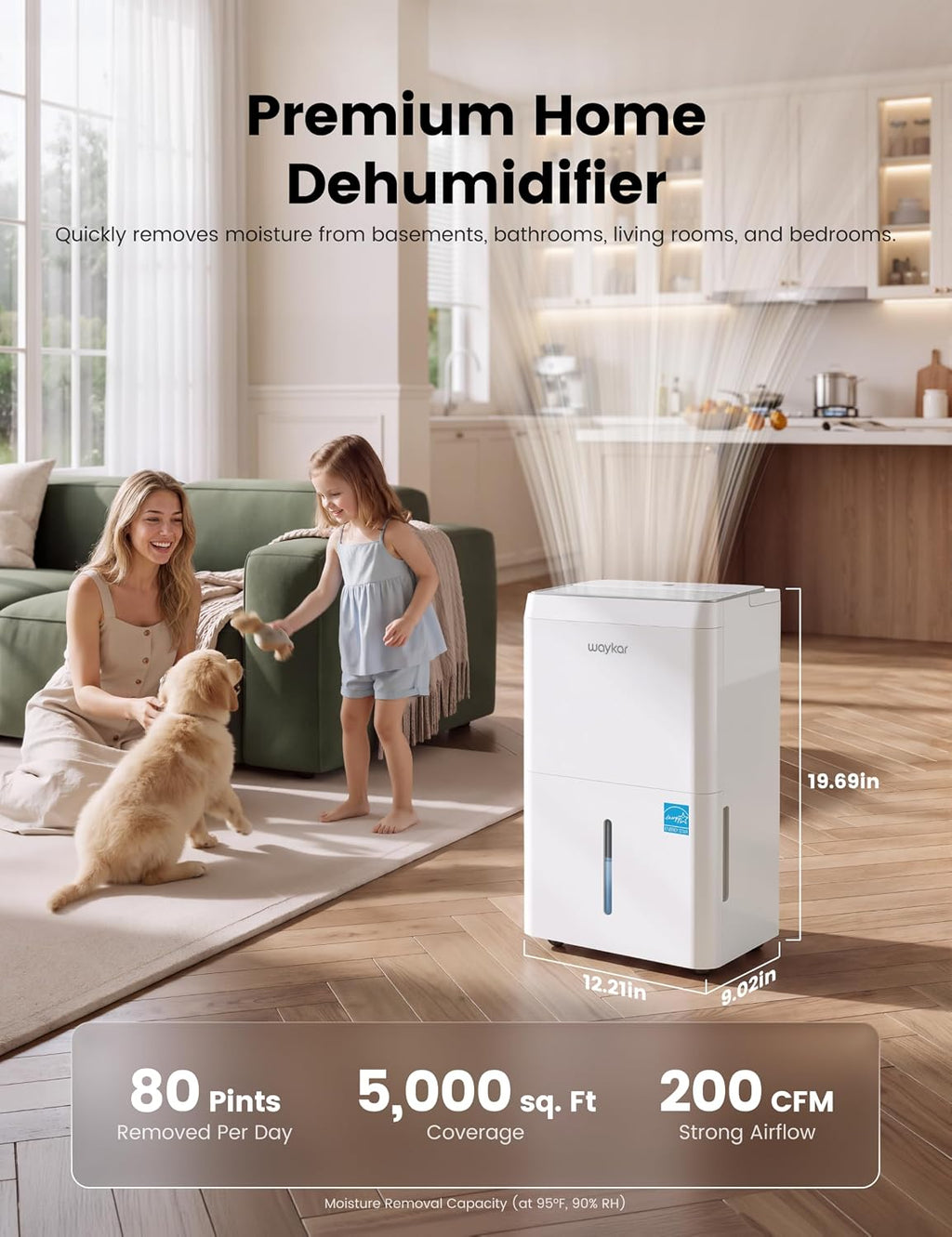 Waykar - Deshumidificador Energy Star de 5000 pies cuadrados 2025 de 80 pintas para el hogar