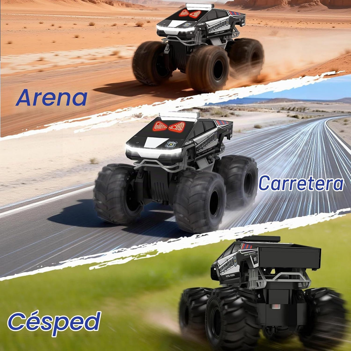 Coche de control remoto de policía con ojos dinámicos LED, autos RC anfibios 1:18, camioneta todo terreno 4WD, camión cibernético impermeable de 2.4 GHz, camión monstruo giratorio de 360°, juguetes