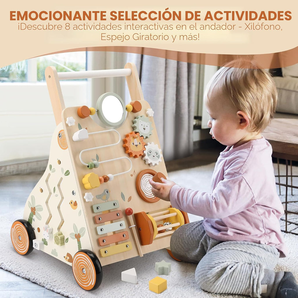 Andador de madera para bebés, andador de empuje para bebés con centro de actividades para niñas y niños, juguetes Montessori Push Walker para bebés que aprenden a caminar, sentado a pie, para 10-12 meses, 1, 2, 3 años