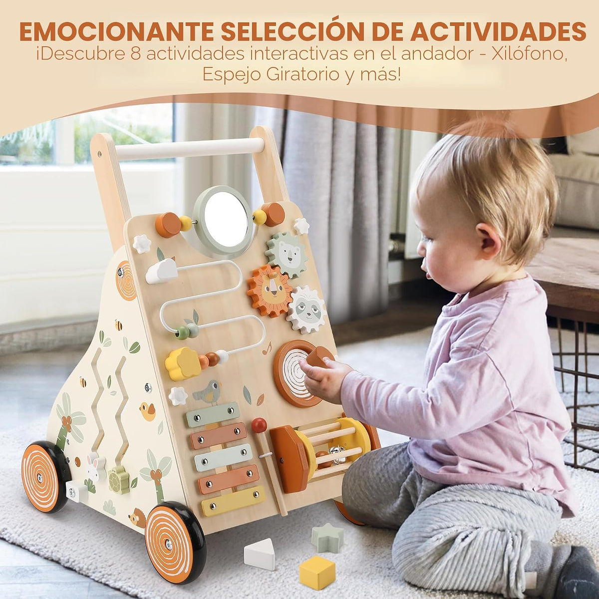 Andador de madera para bebés, andador de empuje para bebés con centro de actividades para niñas y niños, juguetes Montessori Push Walker para bebés que aprenden a caminar, sentado a pie, para 10-12 meses, 1, 2, 3 años