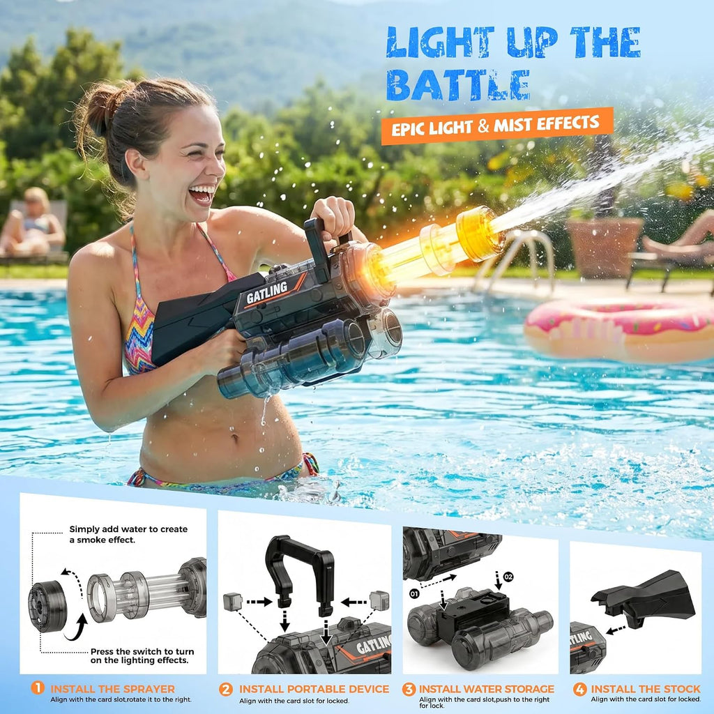 Pistola de agua con boquilla giratoria y luz LED, mochila de agua y tanque desmontable, largo alcance de 28 a 32 pies