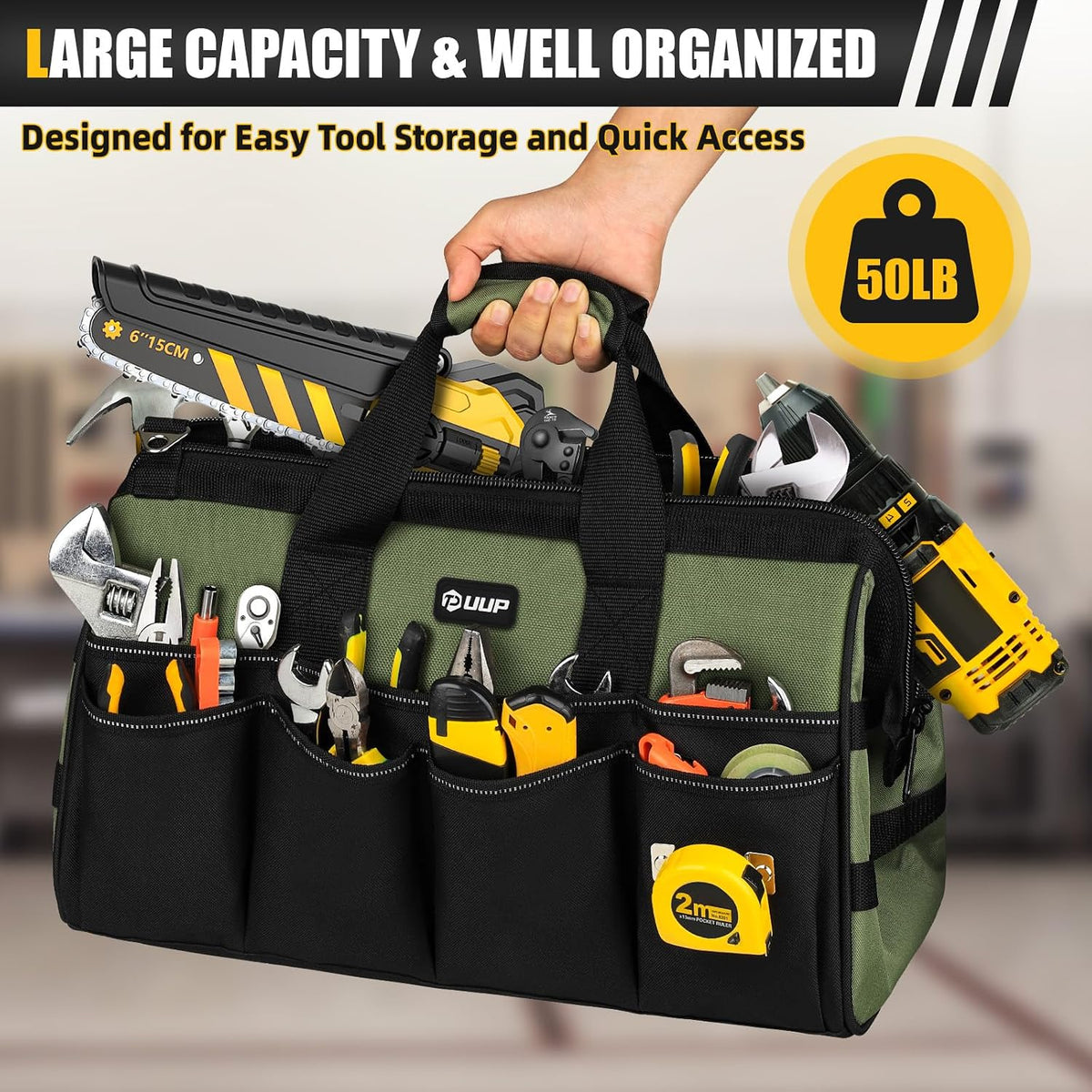 Bolsa de Herramientas Grande de 18 Pulgadas, Organizador de Almacenamiento de Caja de Herramientas Portátil de 16 Bolsillos, Bolsa de Herramientas Táctica Resistente con Cremallera Grande, Caja de