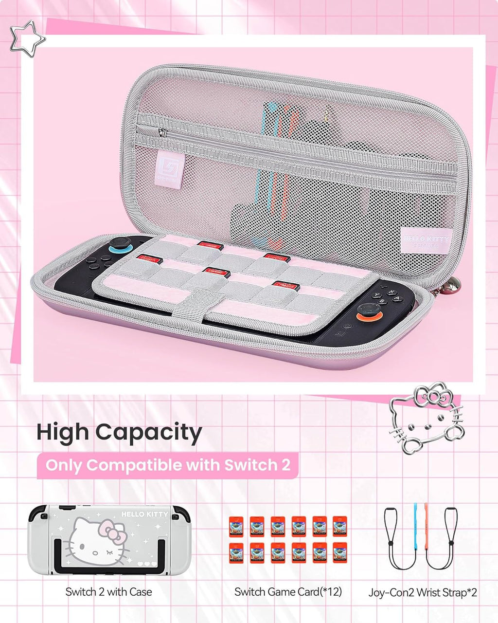 Kuitmor Funda de transporte compatible con Switch 2 (2025), bolsa de almacenamiento rígida con delicada cadena de mano, funda portátil para consola de juegos Switch 2 - HLK