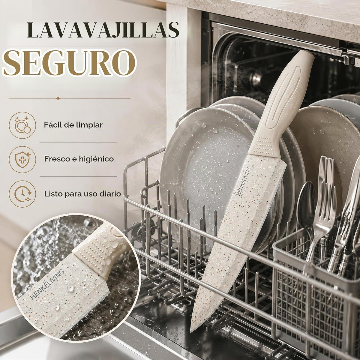 Juego de cuchillos con bloque afilador integrado, apto para lavavajillas