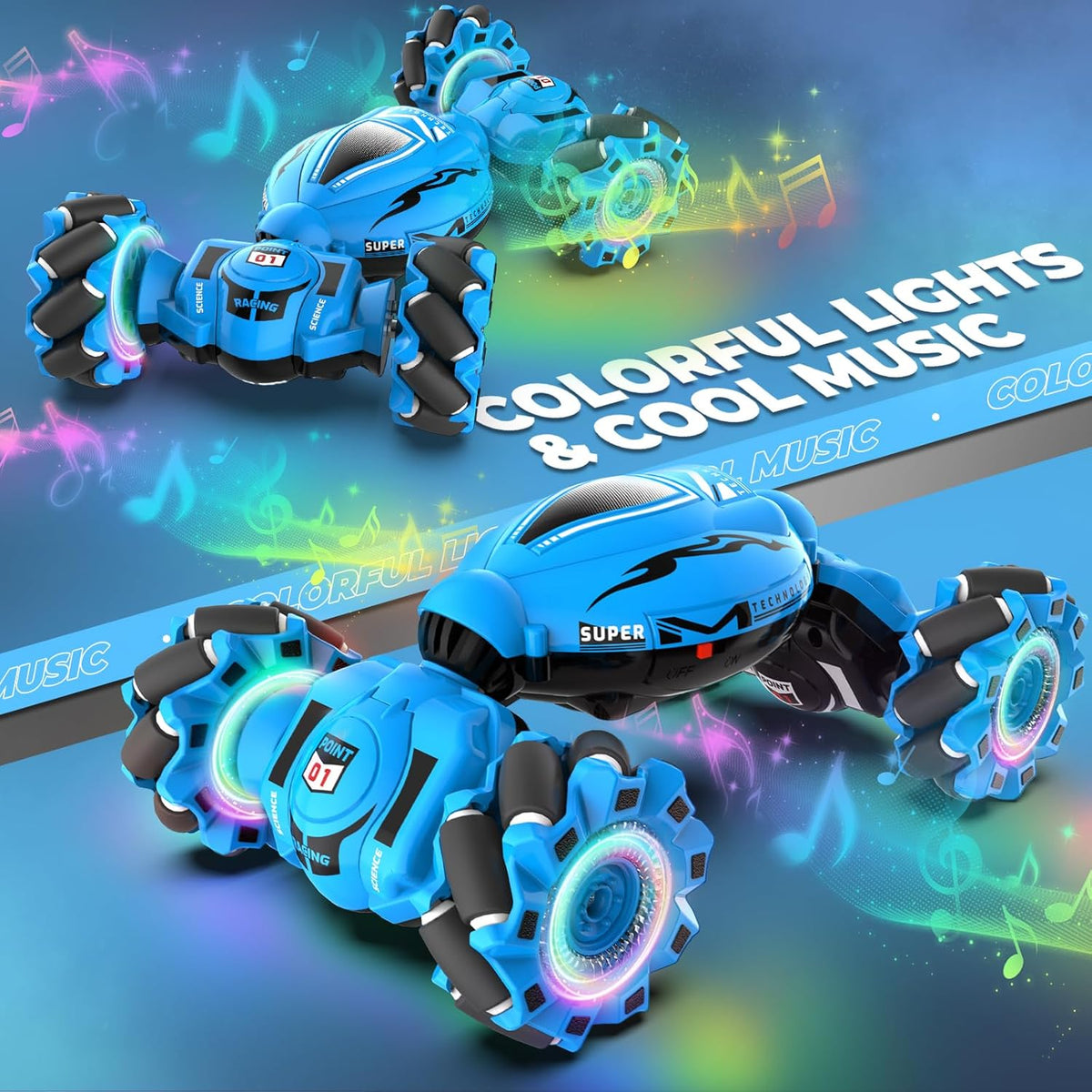 Gesture RC Car, juguete de acrobacias RC con detección de gestos para niños de 6 a 12 años, control remoto de mano 4WD de 2.4 GHz con luces y música, deriva con rotación de 360° todoterreno