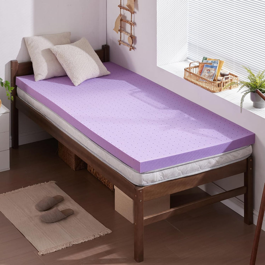 SINWEEK - Cubrecolchón de espuma viscoelástica de gel de 2 pulgadas, suave con ventilación y certificado CertiPUR-US, tamaño individual, color púrpura