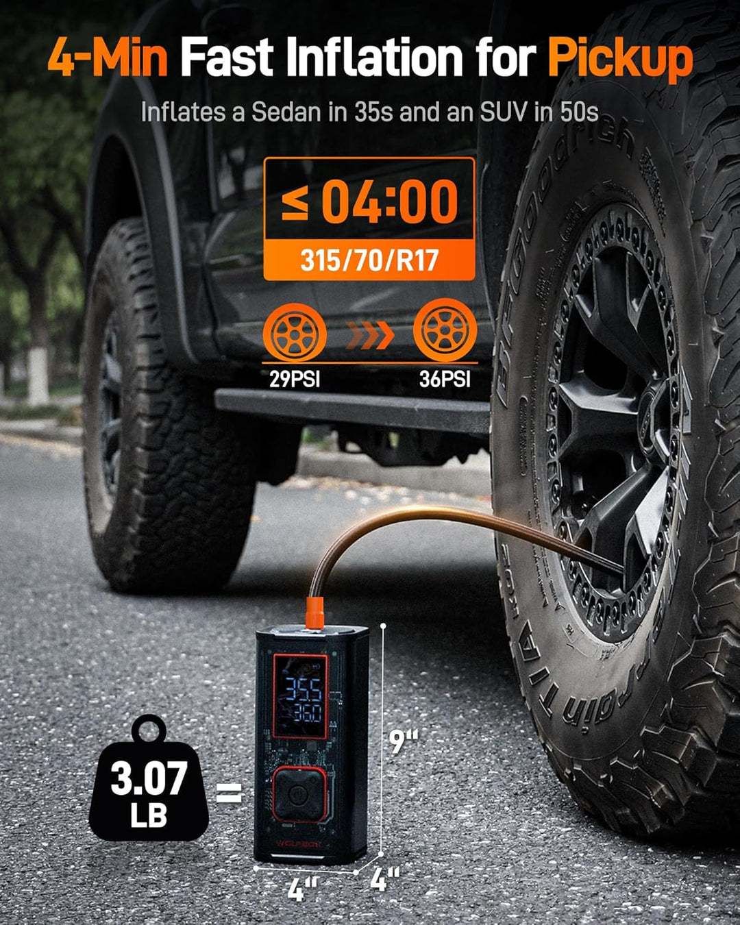 WOLFBOX Inflador de neumáticos de alta resistencia de 150 PSI, comp...
