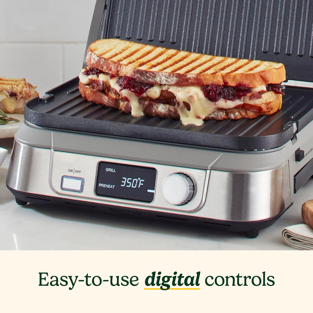 Cuisinart Parrilla eléctrica de encimera Cinco, disfruta de funciones 5 en 1, incluyendo prensa Panini, pantalla LCD, amplio rango de temperatura y función de sellado, placas antiadherentes, GR-5NAS, acero inoxidable