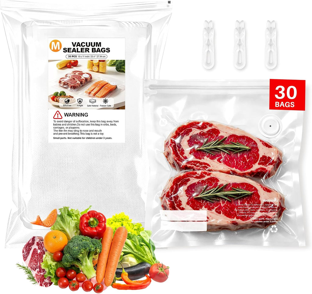 Bolsas reutilizables selladoras al vacío para alimentos – 30 sin BPA medianas (10 × 11 pulgadas) con bolsas de almacenamiento de alimentos, aptas para microondas y congelador, resistentes a olores, a