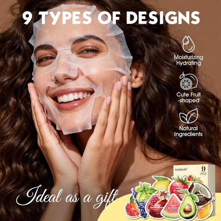 Paquete de 9 mascarillas faciales con forma de fruta para el cuidad...