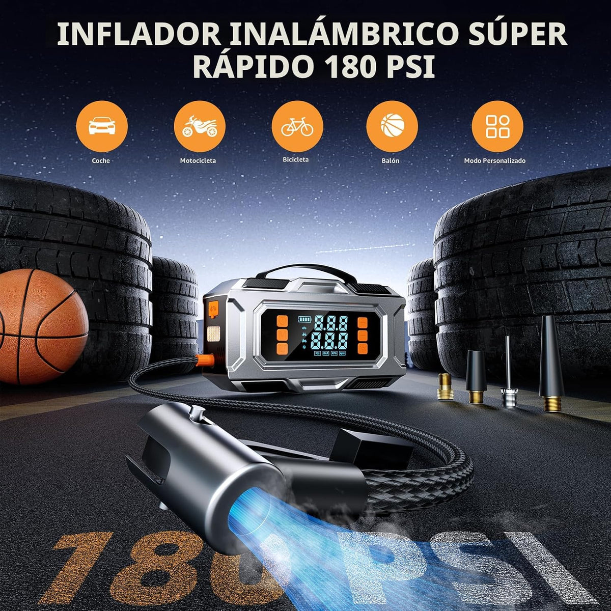 Arrancador 8000A con Compresor de Aire, Inflador de Neumáticos Autoapagado a 180 PSI