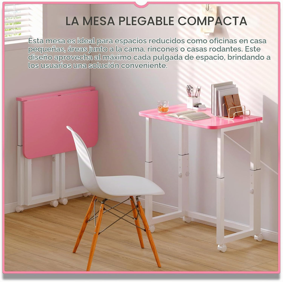 Escritorio pequeño sin herramientas de 23.6 pulgadas, escritorio portátil plegable con ruedas, altura ajustable, escritorios plegables para computadora en casa, mesa de escritura plegable para