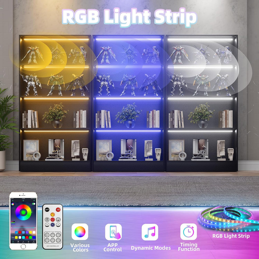 CODACE Estantería alta de madera negra de 4 niveles - Vitrina con luces LED
