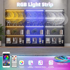 CODACE Estantería alta de madera negra de 4 niveles - Vitrina con luces LED