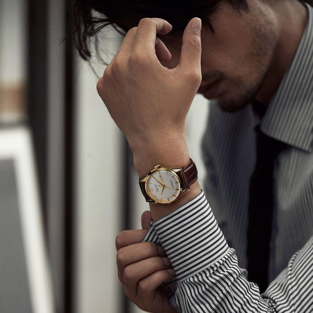 ROCOSJEWE R0101 Reloj Automático Mecánico para Hombre de Lujo Dorado Reloj Clásico Retro Correa de Cuero Marrón Impermeable Regalo para Hombre Moda Negocios