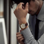 ROCOSJEWE R0101 Reloj Automático Mecánico para Hombre de Lujo Dorado Reloj Clásico Retro Correa de Cuero Marrón Impermeable Regalo para Hombre Moda Negocios