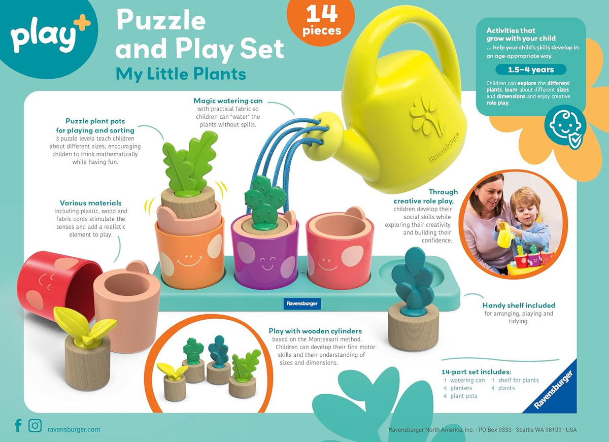 Ravensburger Juego de rompecabezas y juego de Play+ - My Little Plants - Juego de clavijas Montessori de clasificación y apilamiento de madera para niños pequeños